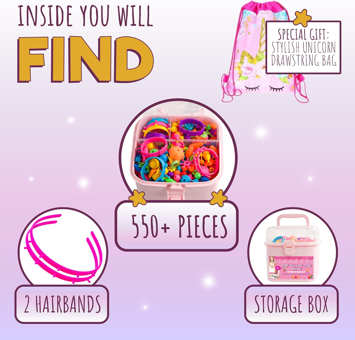 Orian Pop Beads Jewelry Making Kit for Girls, 500  Piece Set for Girls Ages 3 and Up,Colorful Snap Beads,Bracelet,Necklaces and Rings Unicorn Gift Bag